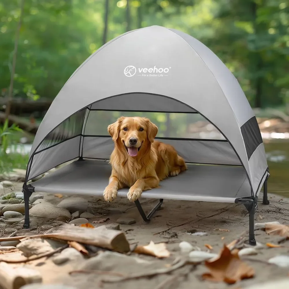 Cooling Elevated XL Outdoor Dog Bed w Canopy Portable Shade Cot, Grey 49 x 43.5
